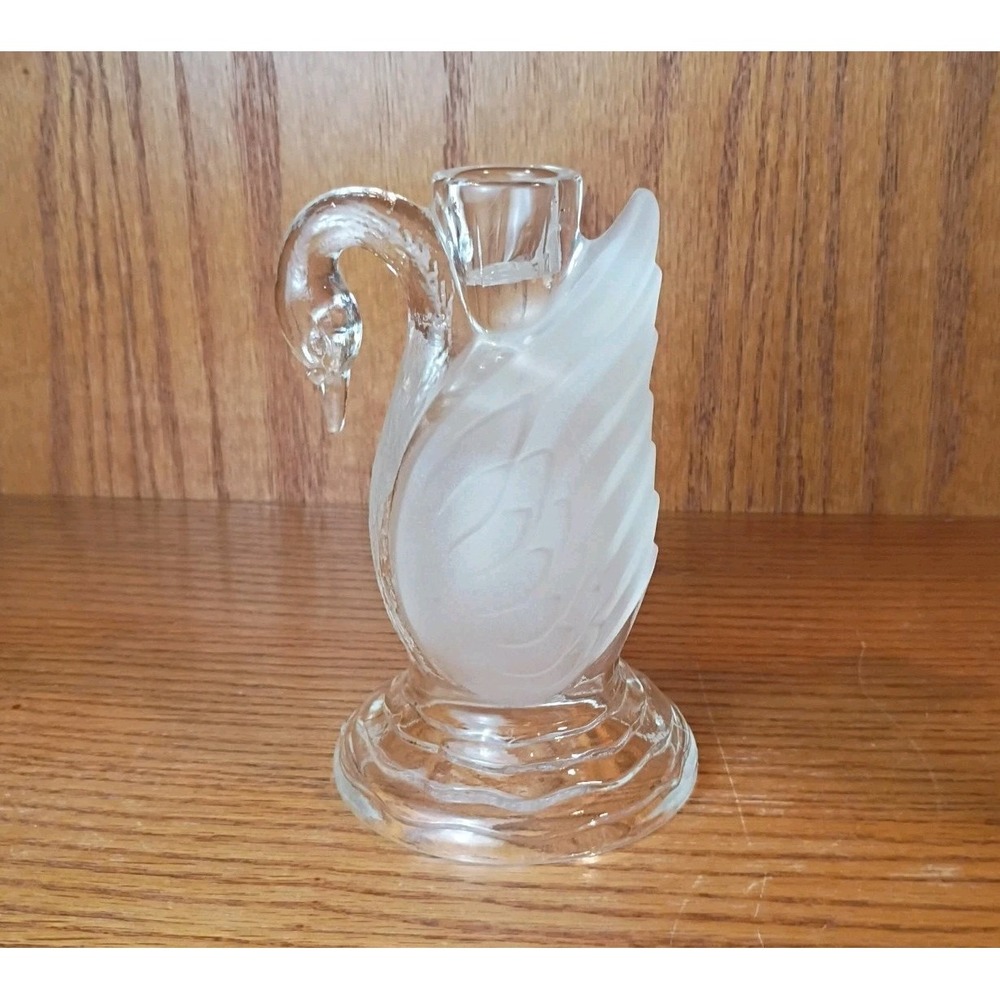 Smith Glass, Serenade Pattern, Swan Frosted And Clear Glass 5" Candle Holder